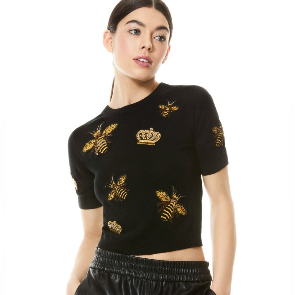 Alice + Olivia Black and Gold Embroidered Crop Top